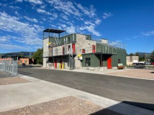 Fire training building under construction showing concrete and metal structure