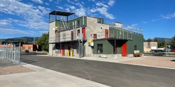 Fire training building under construction showing concrete and metal structure