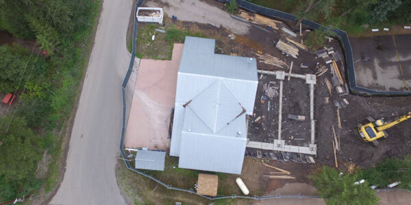 Aerial view of Marble Fire Station during construction showing footprint of new addition.